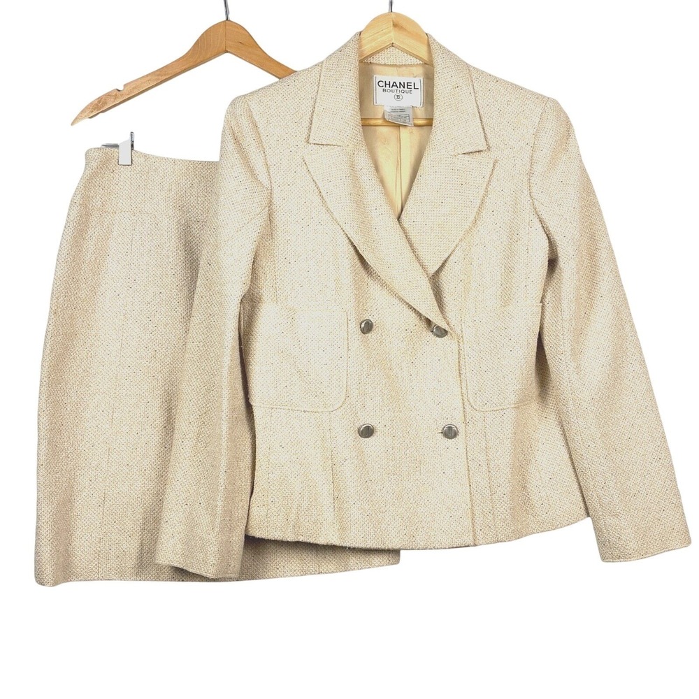 Chanel Boutique VTG Tweed Skirt Suit Beige Wool Silk Sz 44 (US: 10-12) France